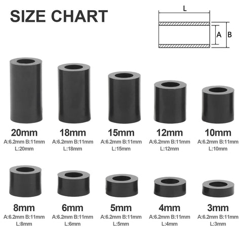 Size chart of Black ABS Round Washers Set Assortment Kit NonThreaded For M6 Screws with various thickness options