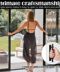 Woman using 30 Pack Self Stick Push Pull Cabinet Handles In Black ABS Plastic No Drill Adhesive Peel And Stick for sliding doors.