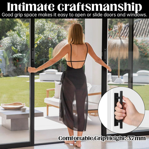 Woman using 30 Pack Self Stick Push Pull Cabinet Handles In Black ABS Plastic No Drill Adhesive Peel And Stick for sliding doors.