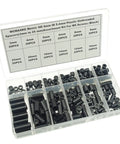 Open box containing Black ABS Round Spacers For M5 Screws Kit 240 Pcs, OD 9mm ID 5.4mm Nonthreaded Standoffs, 3mm To 25mm Lengths