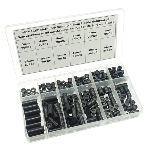 Open box containing Black ABS Round Spacers For M5 Screws Kit 240 Pcs, OD 9mm ID 5.4mm Nonthreaded Standoffs, 3mm To 25mm Lengths