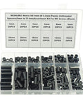 Black ABS Round Spacers For M5 Screws Kit 240 Pcs displayed in an open box showing 3mm to 25mm lengths, nonthreaded standoffs.