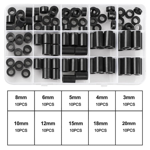 Black ABS Round Washers Set Assortment Kit NonThreaded For M6 Screws with various thicknesses in organized case