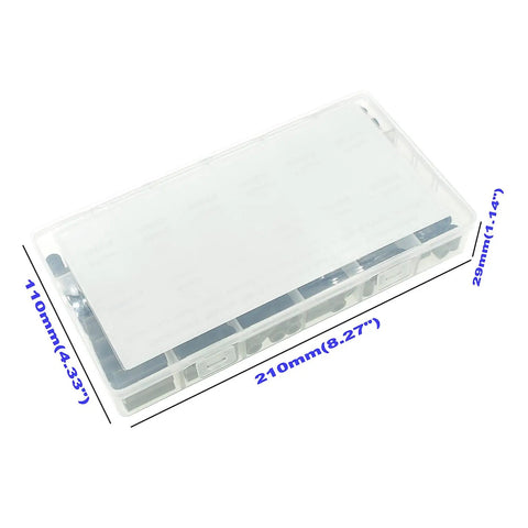 Black ABS Round Spacers For M5 Screws Kit 240 Pcs in plastic storage case with dimensions marked on top.