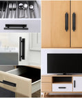 Various views of 40 Pack Peel and Stick Cabinet Handles ABS Plastic Self Adhesive Drawer Pulls installed on furniture and cabinets