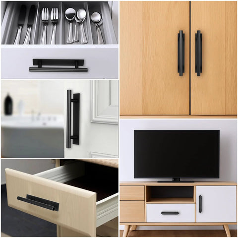 Various views of 40 Pack Peel and Stick Cabinet Handles ABS Plastic Self Adhesive Drawer Pulls installed on furniture and cabinets