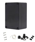IP65 Rated ABS Plastic Electrical Enclosure Box for Electronics, black, size 6.22x3.54x2.36 inches, with 4 M16 cable glands shown