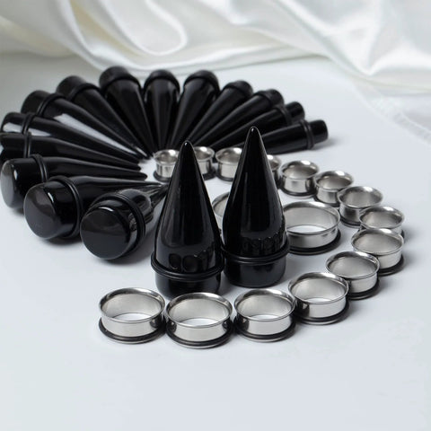 Essential 32 Piece 00G Ear Stretching Kit With Surgical Steel Tapers Tunnels And Acrylic Plugs For 1 Inch Gauge Includes Black Items