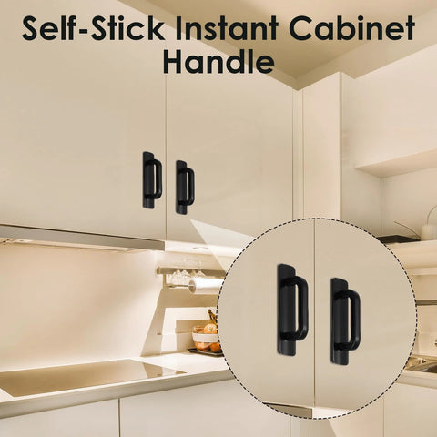 Four Pack Adhesive Cabinet Handles Self Stick Drawer Pulls No Drill Black 4 Inch Stick On Handles installed on kitchen cabinets.