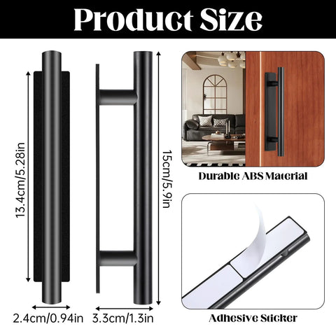 30 Pack Self Stick Push Pull Cabinet Handles In Black ABS Plastic showing product size and adhesive sticker detail.