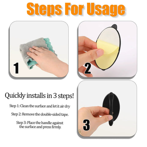 Steps for using 4 Pack Black Adhesive Cabinet Knobs Peel And Stick No Drilling Self Adhesive Drawer Pulls, showing cleaning, peeling, and pressing.