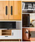 Self-Adhesive Cabinet Pulls 30 Pack installed on wooden kitchen cabinets highlighting black ABS plastic handles with durable adhesive