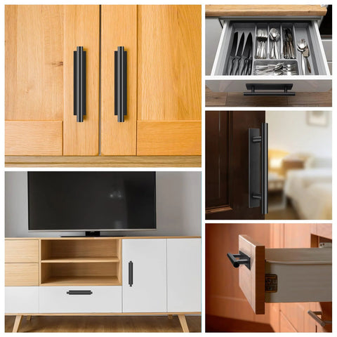 Self-Adhesive Cabinet Pulls 30 Pack installed on wooden kitchen cabinets highlighting black ABS plastic handles with durable adhesive