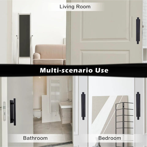 2 Pack Self Adhesive Cabinet Handles And Drawer Pulls, ABS Plastic Push Peel And Stick Door Handles For Cabinets, Drawers, Wardrobes, Black Finish, installed on various doors in living room, bathroom, and bedroom.