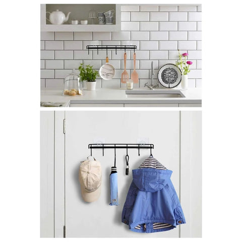 Adhesive Wall Hooks Rack Kitchen Rail, Space Saving Utensil Holder No Drilling Wall Mounted Accessory Hanger with 6 Hooks for Kitchen