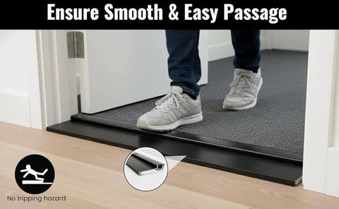Person stepping over Black Adjustable Aluminum Threshold, Threshold Extension, Short Width, Hidden Screw Design, 36 Inch, in doorway