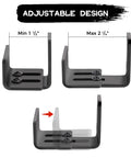 Bottom Floor Guide For Sliding Barn Doors Adjustable U Shaped Wall Mounted Bottom Guide Safe Flat Base Design To Prevent Scratches Easy Installation For Grooved And Non Grooved Doors Suitable For Wardrobe Doors And Cabinets Black showing adjustable gap feature with measurements.