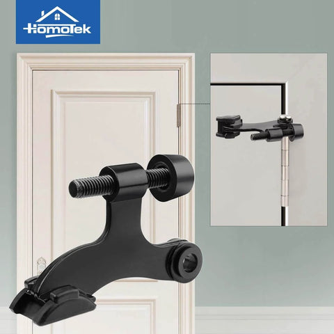 2 Pack Hinge Pin Black Door Stopper, Adjustable Deluxe Heavy Duty Door Stopper 2-1/2"x1-3/4” with Black Rubber Bumper Tips installed on door