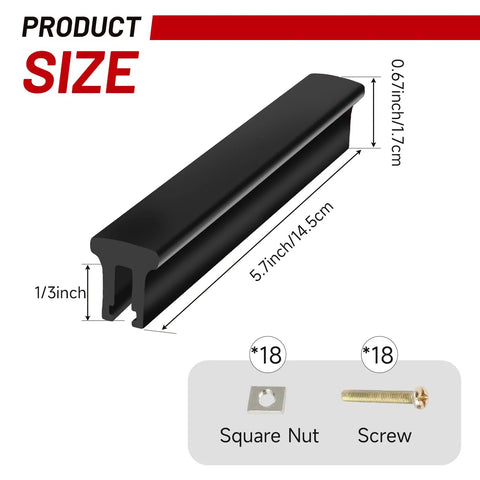 Five Piece Adjustable Drawer Pulls Zinc Alloy Cabinet Handles, black finish, shown with dimensions and installation hardware, screw, and nut