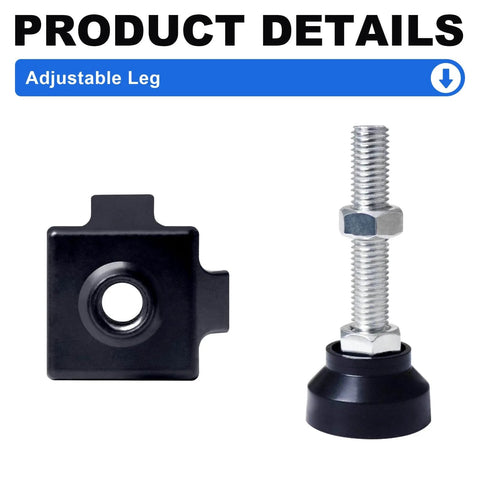 Four Pack 3030 Adjustable Leg Feet in black for 30x30 T-Slot and V-Slot aluminum extrusion, includes two components shown.