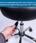 Close-up of adjustment lever on rolling exam stool with wheels, 18.5 to 25 inch adjustable height for dentists, spas, & healthcare environments, 5 casters, easy assembly, black.