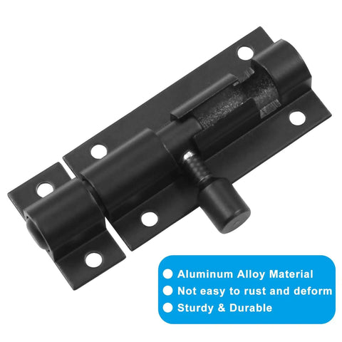 Two Pack 2 Inch Barrel Bolt Latches, Heavy Duty Sliding Door Locks Made From Aluminum Alloy, black finish close-up view