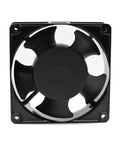 Square 4x4 Inch Aluminum Die Cast Exhaust Fan Panel Mount In Black with PBT impeller, front view for home, workshop, or office.