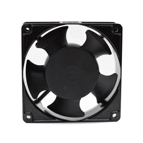 Square 4x4 Inch Aluminum Die Cast Exhaust Fan Panel Mount In Black with PBT impeller, front view for home, workshop, or office.