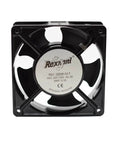 Square 4x4 Inch Aluminum Die Cast Exhaust Fan Panel Mount in black with 22038 A2 T model PBT impeller, front view.