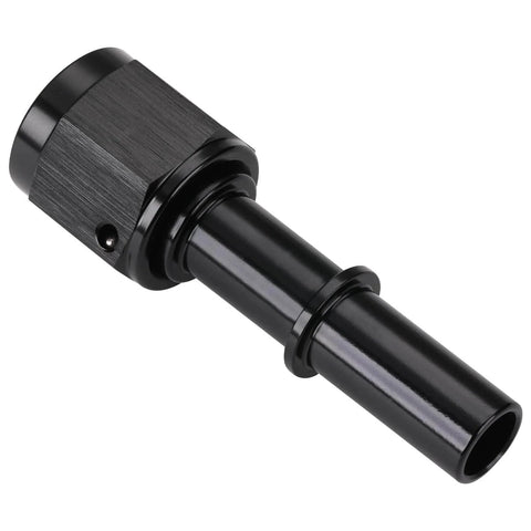 6AN Female Swivel to Three Eighths Inch Quick Disconnect EFI Fuel Fitting Adapter Straight Aluminum Black Push On Swivel End