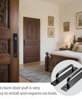 2PCS 5.8 Inches Barn Door Handle installed on wooden bedroom door, premium aluminum alloy, sturdy black sliding door pull handles for easy use