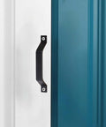 Installed view of Aluminum Alloy Barn Door Handles Set 6.1 Inch Sliding Door Pull Hardware on a blue and white door.