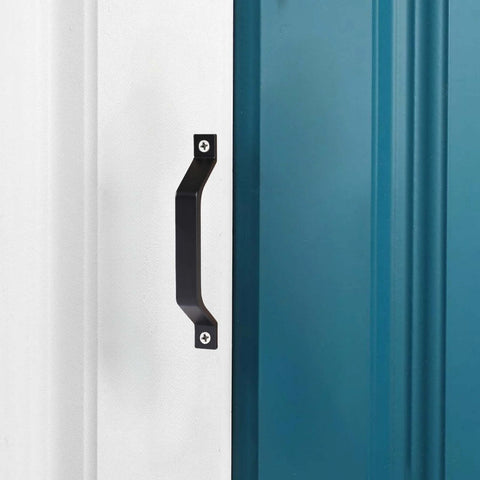 Installed view of Aluminum Alloy Barn Door Handles Set 6.1 Inch Sliding Door Pull Hardware on a blue and white door.