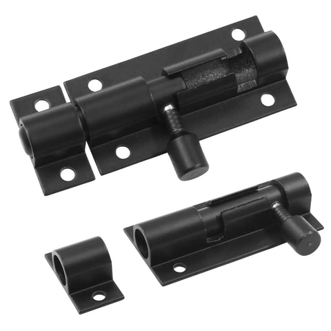 Two Pack 2 Inch Barrel Bolt Latches, Heavy Duty Sliding Door Locks Made From Aluminum Alloy, black, front view of latches.