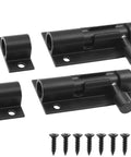 Two Pack 2 Inch Barrel Bolt Latches, Heavy Duty Sliding Door Locks Made From Aluminum Alloy, shown with mounting screws, black.