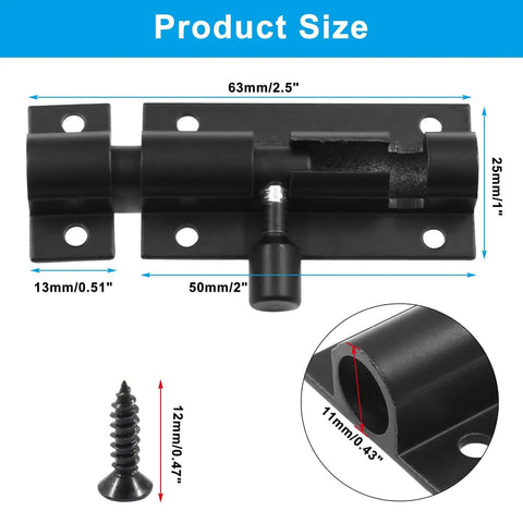 Dimensions of Two Pack 2 Inch Barrel Bolt Latches, Heavy Duty Sliding Door Locks Made From Aluminum Alloy, Black