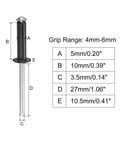 Diagram of Aluminum Blind Rivets 5mm By 10mm Open End Flat Round Head Black 25 Pcs Pack with dimensions and grip range