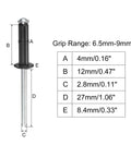 4mm By 12mm Aluminum Blind Rivets Open End With Flat Round Head For Metal And Leather Black 50 Pack size chart.