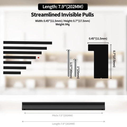 Diagram of 5 Pack 192mm Center Hole Tilted Black Cabinet Handles L Rectangle Aluminum Alloy Pulls with measurements and specifications