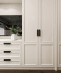 Installed Ten Pack Black 3 Inch Cabinet Handles Finger Pulls Edge Pulls for cabinets and drawers, modern kitchen style.