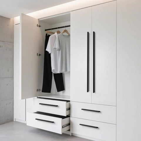5 Pack 192mm Center Hole Tilted Black Cabinet Handles L Rectangle Aluminum Alloy Pulls on white wardrobe doors