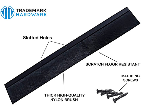Black Aluminum Door Sweep - 2 Inch Brush x 36 Inch Draft Blocker, Weather Stripping with slotted holes and matching screws