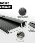 Black Adjustable Aluminum Threshold, Threshold Extension, Short Width, Hidden Screw Design illustration with product features