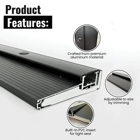 Black Adjustable Aluminum Threshold, Threshold Extension, Short Width, Hidden Screw Design illustration with product features