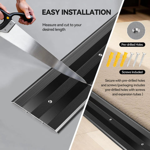 Easy installation of 48"L 5"W 0.25"H Extra-Sturdy Aluminum Door Threshold Strip, pre-drilled holes, screws included