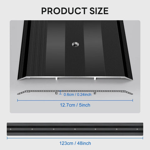 48"L 5"W 0.25"H Extra-Sturdy Aluminum Door Threshold Strip in black, showcasing 48in x 5in x 0.25in dimensions and design details.