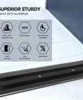 48"L 5"W 0.25"H Extra-Sturdy Aluminum Door Threshold Strip in black, shown installed in commercial doorway with ADA compliance icons