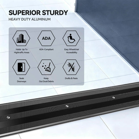 48"L 5"W 0.25"H Extra-Sturdy Aluminum Door Threshold Strip in black, shown installed in commercial doorway with ADA compliance icons