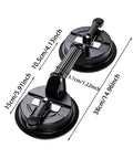 Two Cup Pro Grade Aluminum Suction Cup Glass Lifter With High Vacuum Grip, black with attached dimensions.