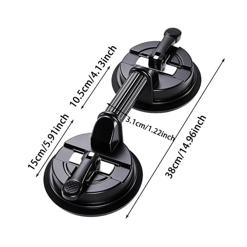 Two Cup Pro Grade Aluminum Suction Cup Glass Lifter With High Vacuum Grip, black with attached dimensions.